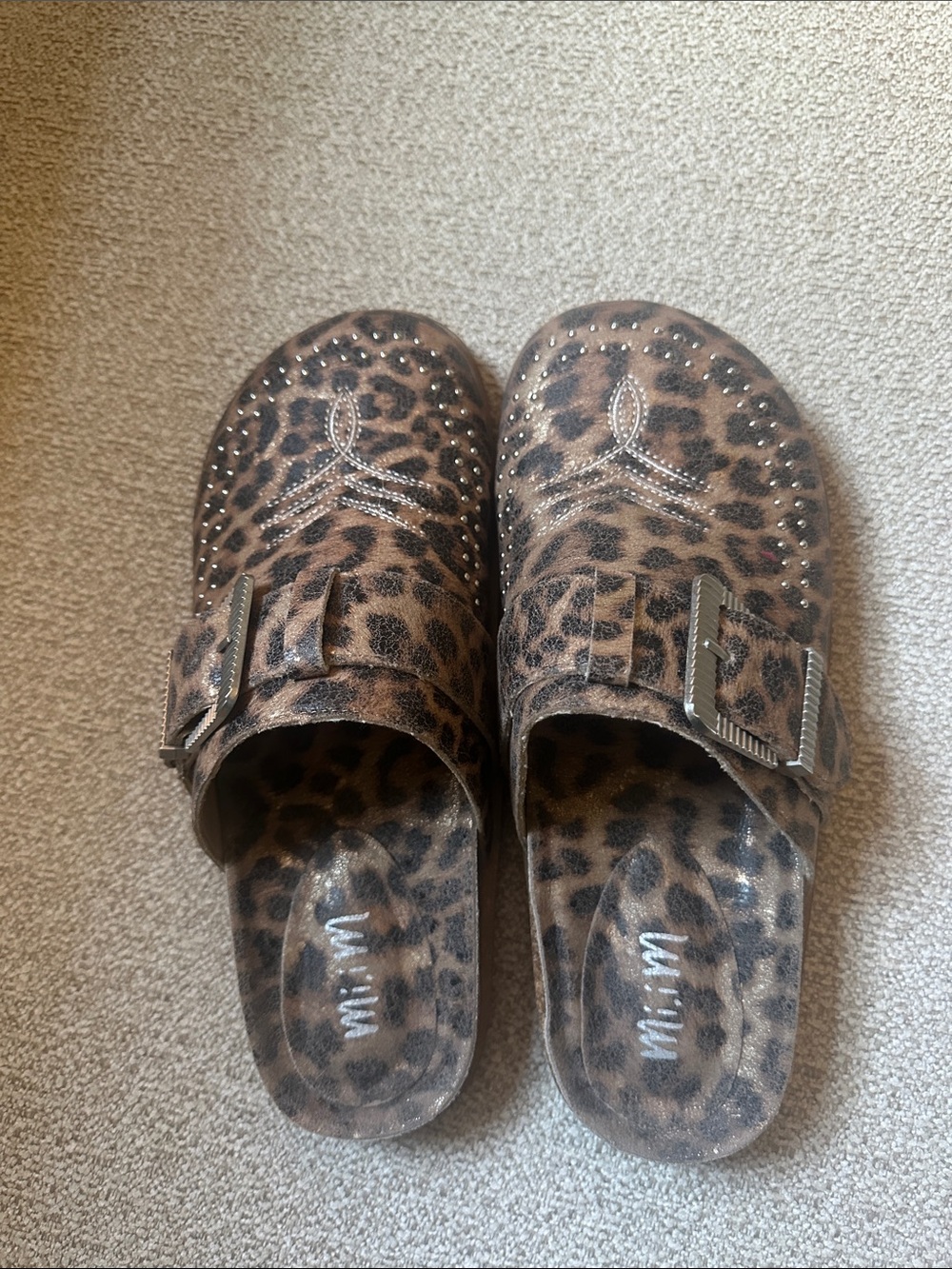 Leopard Print Slide Sandals with Buckle Accent - Brown